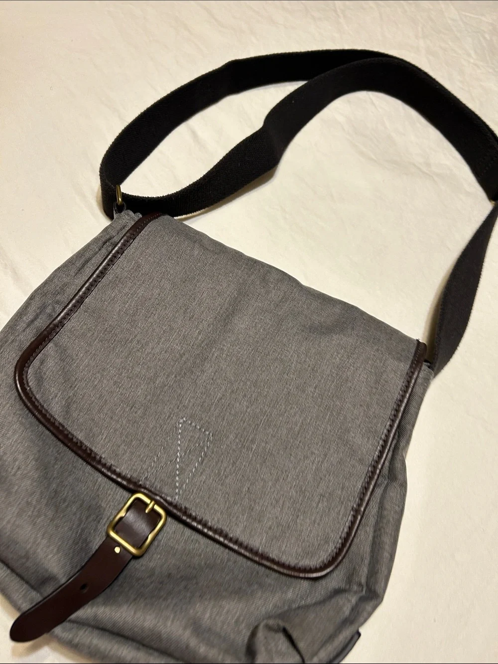 Fossil Gray Canvas Messenger Bag with Brown Trim